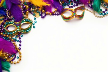 Colorful mardi gras masks and beads forming a vibrant corner border on a clean white background