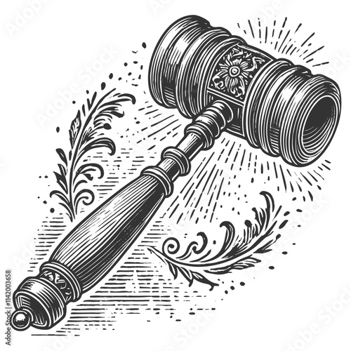 wooden gavel with ornate carvings, surrounded by decorative flourishes and radiant lines sketch engraving generative ai vector illustration. Scratch board imitation. Black and white image.