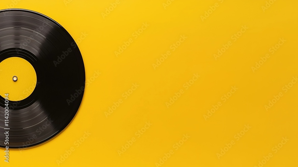 Obraz premium Vinyl record on yellow background with empty space on the side. Generative Ai