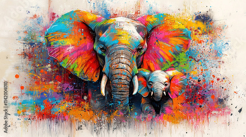   A vibrant depiction of an adult elephant and its playful offspring, adorned with lively splashes of paint across their faces and trunks photo