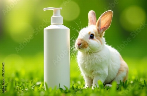 White rabbit on green grass with mockup of white bottle pet shampoo. Copy space for text. Concept: beauty eco product design, advertising photo, animal care, grooming photo