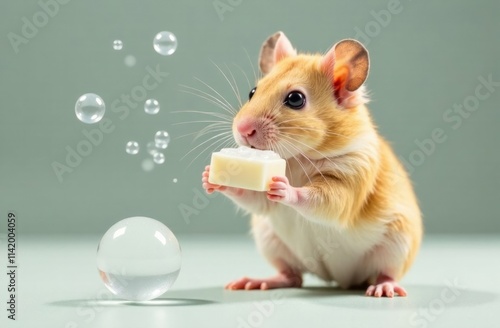 Small hamster holds a piece of soap in his hands, soap bubbles are flying in the grey background, copy space for text. Concept: eco pet product, advertising photo, animal care, grooming, funny animals photo