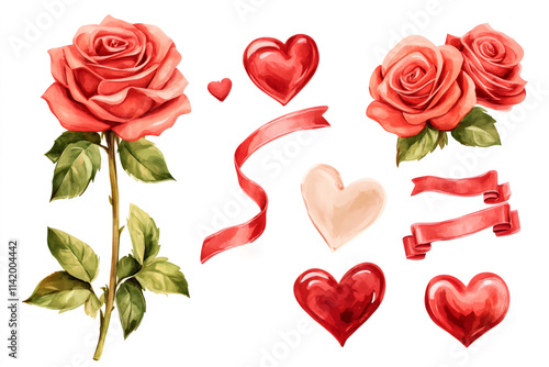 Watercolor painting featuring red roses, hearts, and ribbons, creating a romantic atmosphere perfect for valentine's day projects