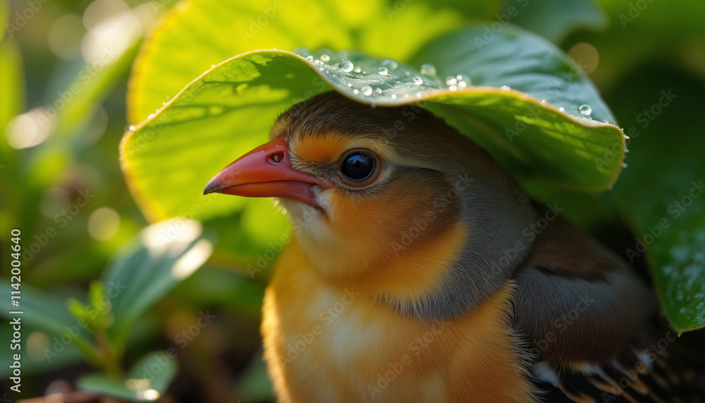 Obraz premium Bird Hiding Under Green Leaf