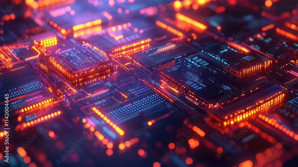Abstract circuit board with glowing components. Abstract circuit board with glowing components.