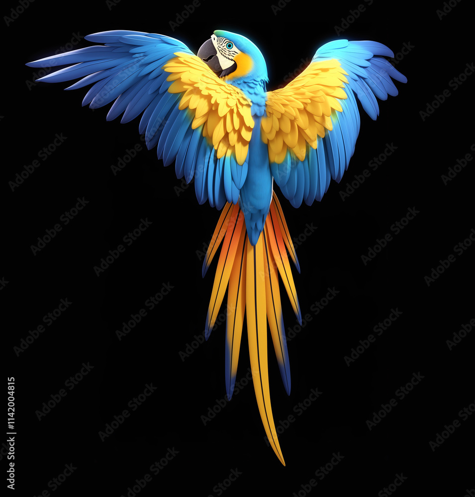 Fototapeta premium Parrot isolated. Vibrant Macaw Parrot. Flying parrot. Cartoon parrot. Cartoonish parrot. Blue and yellow macaw flying in isolated black background. Blue and yellow bird. Game parrot. Pirate parrot.