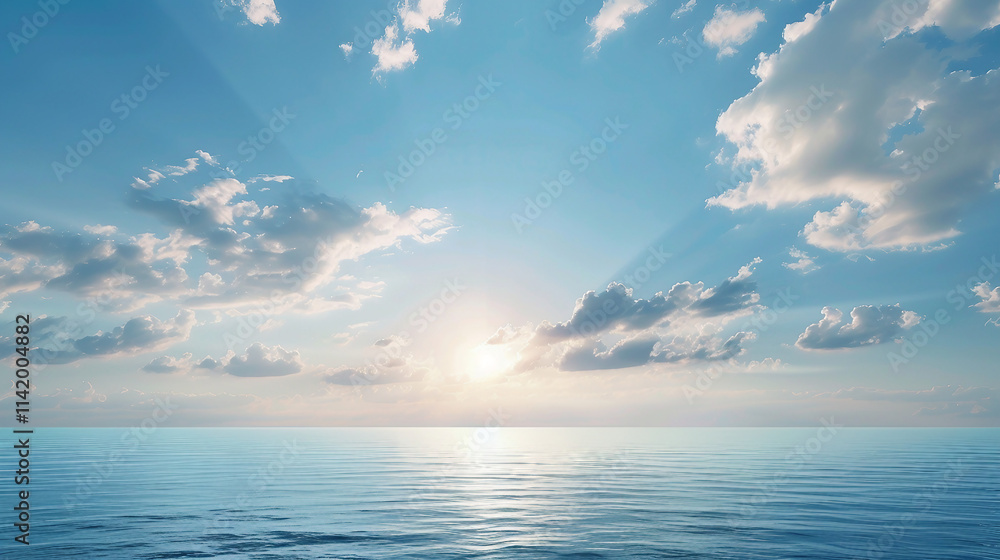 Obraz premium A serene beach landscape with a clear sky at sunrise, capturing the beauty of a tranquil horizon in the early morning light. This nature scene features a beautiful blue ocean and soft white clouds.