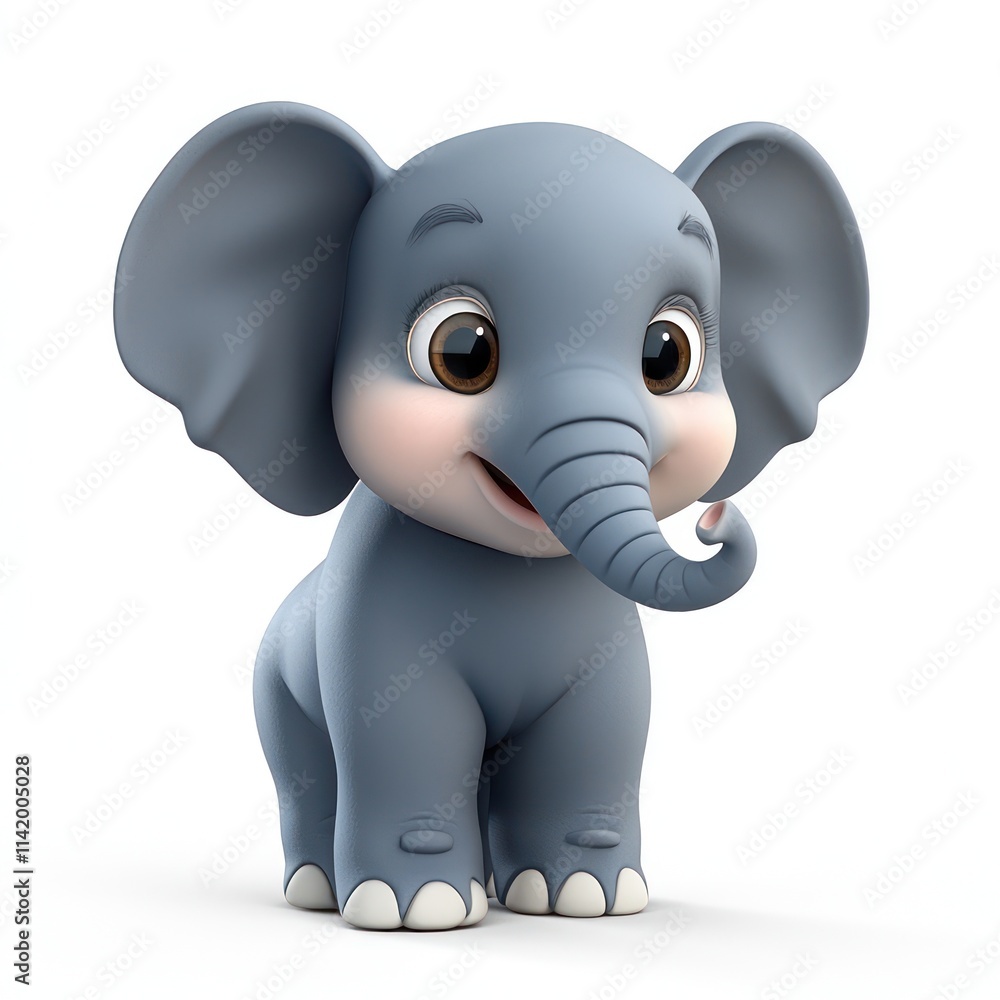 Fototapeta premium Elephant depicted in adorable 3D cartoon, white background.