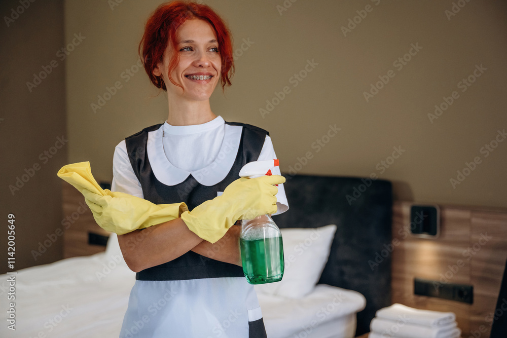Ready to clean the place. Maid is working in modern hotel room Ready to clean the place. Maid is working in modern hotel room