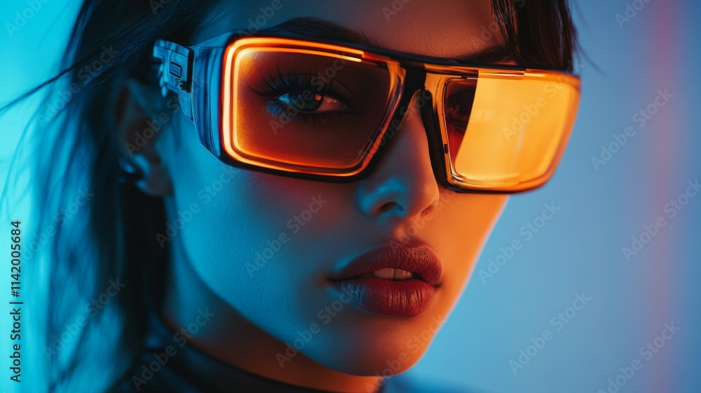 Side portrait of a woman wearing futuristic orange sunglasses with neon glow Side portrait of a woman wearing futuristic orange sunglasses with neon glow