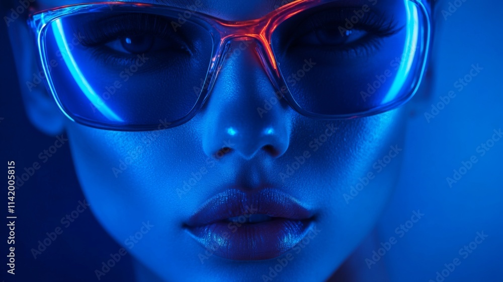 Close-up portrait of woman in futuristic red neon light wearing sunglasses Close-up portrait of woman in futuristic red neon light wearing sunglasses