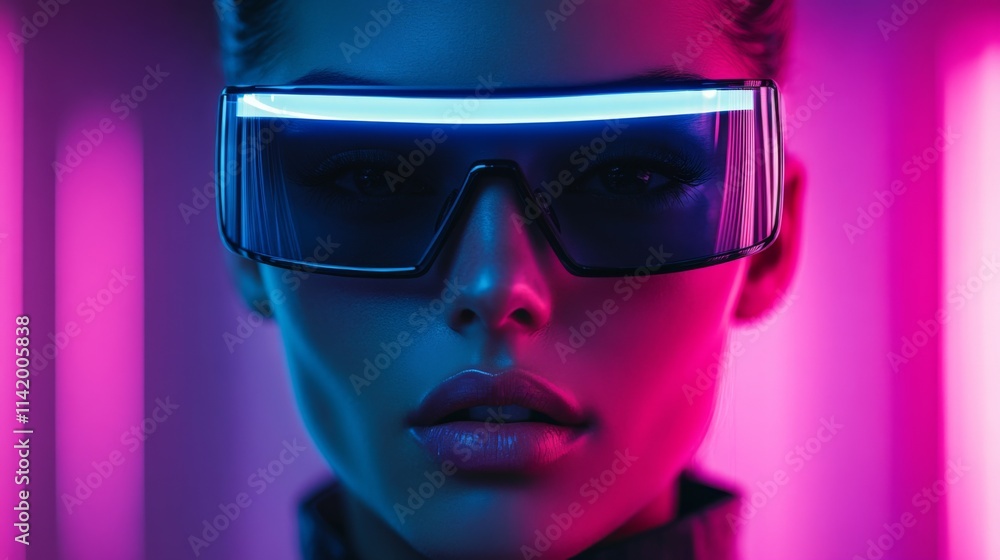 Portrait of woman in futuristic neon light wearing mirrored sunglasses Portrait of woman in futuristic neon light wearing mirrored sunglasses