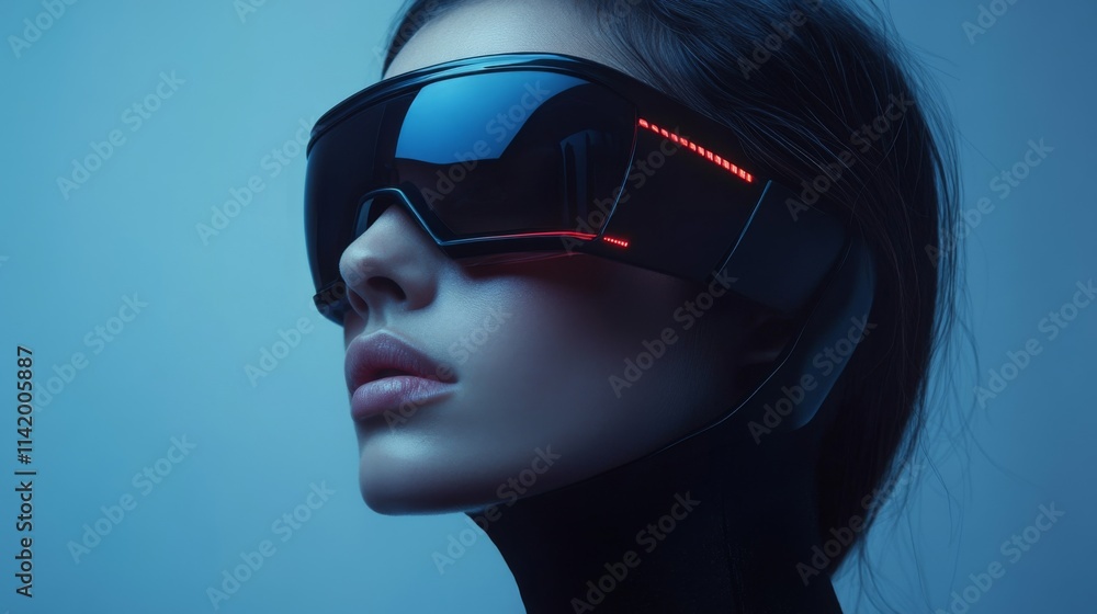 Close-up portrait of woman in futuristic dark sunglasses with blue light Close-up portrait of woman in futuristic dark sunglasses with blue light