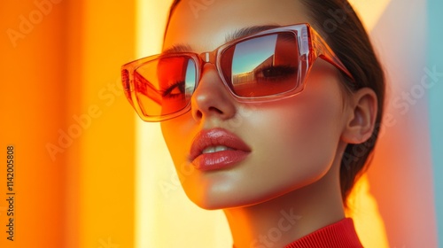 Portrait of woman wearing orange futuristic sunglasses against colorful background
