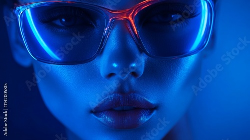 Close-up portrait of woman in futuristic red neon light wearing sunglasses