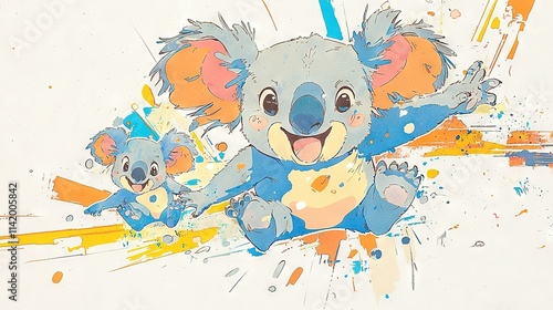   Koala with babies amidst splashes of paint on white canvas photo