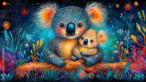   A painting of a mother koala cradling her baby on top of a log amidst an underwater sea of vibrant corals photo