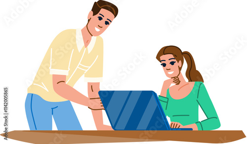 leadership mentorship laptop teamwork vector. support development, learning advice, experience wisdom leadership mentorship laptop teamwork character. people flat cartoon illustration