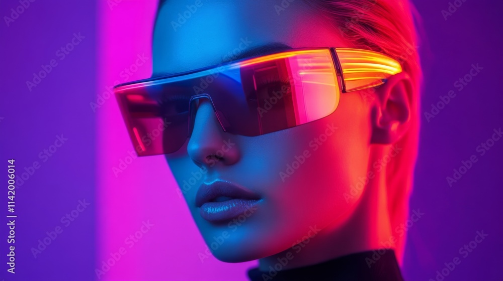 Portrait of woman in pink futuristic sunglasses with vibrant neon light Portrait of woman in pink futuristic sunglasses with vibrant neon light