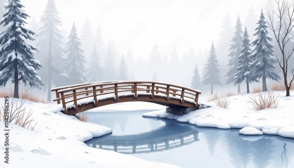 custom made wallpaper toronto digitalWinter illustration with watercolor style depicting wooden bridge over frozen river