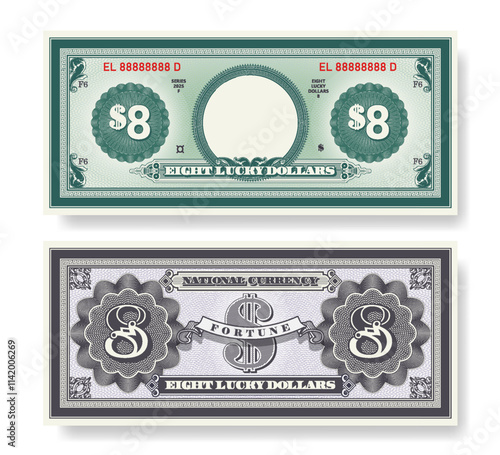 Vector fictional beautiful banknote of 8 lucky dollars. Obverse and reverse of note. Play money with empty circle, guilloche patterns and grid. Blank or sample of certificate. fortune. Eight.