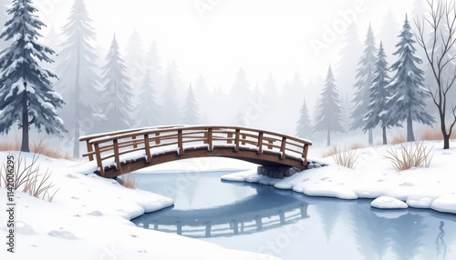 Wallpaper Mural Winter illustration with watercolor style depicting wooden bridge over frozen river Torontodigital.ca
