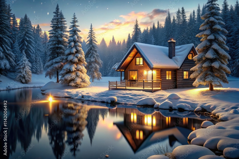 Fototapeta premium Lakeside cabin, winter night: snowy landscape, warm interior lights create cozy ambiance.