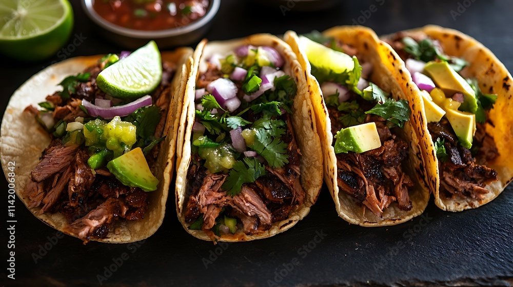 Vibrant top-down view of tacos stuffed with juicy grilled meats, melted cheese, fresh salsa, diced avocado, and red onions, scattered garnishes of lime slices and jalapeños, rustic table setting, Vibrant top-down view of tacos stuffed with juicy grilled meats, melted cheese, fresh salsa, diced avocado, and red onions, scattered garnishes of lime slices and jalapeños, rustic table setting,