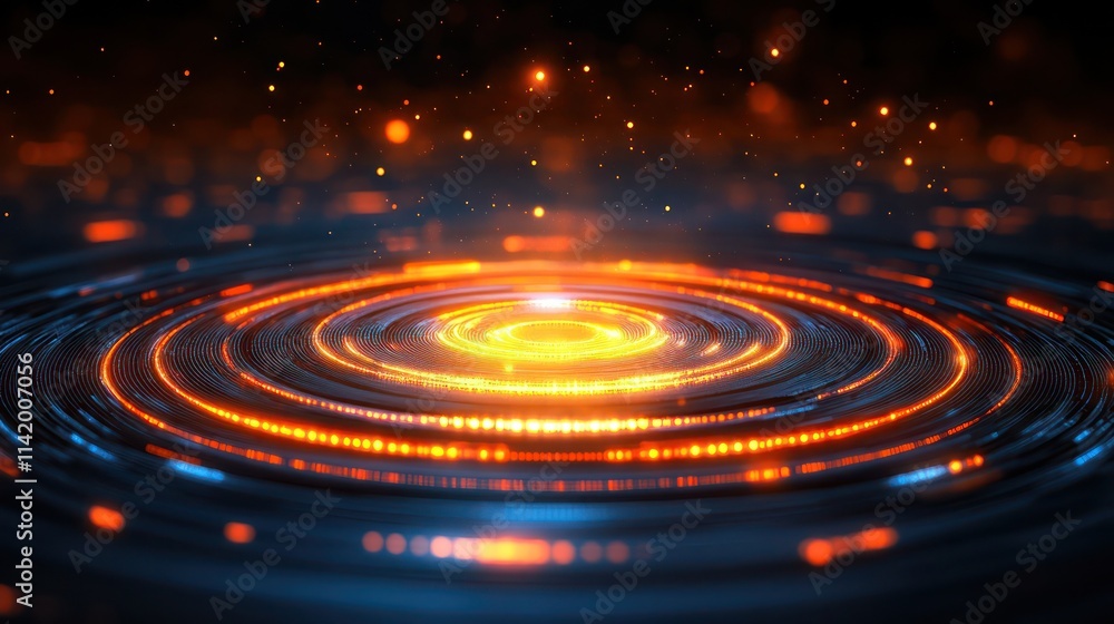 Abstract circular futuristic glowing rings on dark background with light effects. Abstract circular futuristic glowing rings on dark background with light effects.
