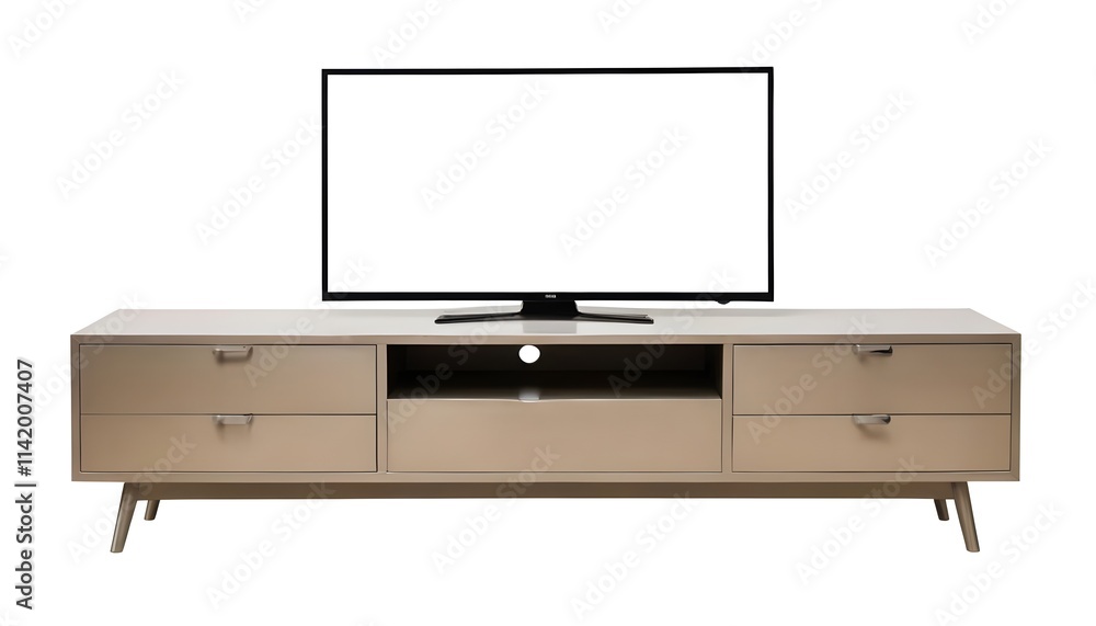 A metal TV stand with multiple drawers , supporting a large flat-screen TV A metal TV stand with multiple drawers , supporting a large flat-screen TV