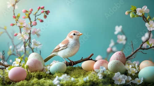 A pastel-colored spring scene with a small bird perched on a branch, surrounded by decorative Easter eggs and blossoms. photo