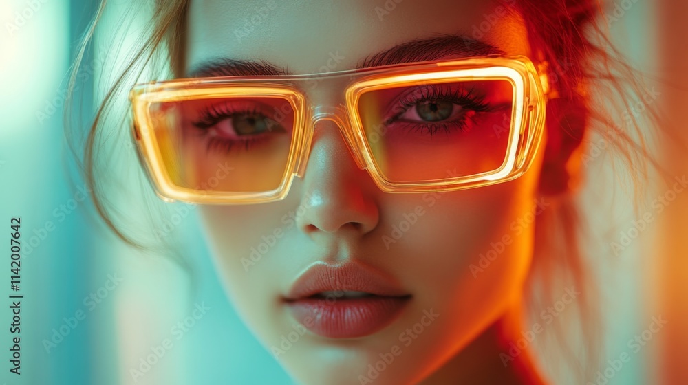 Portrait of a woman wearing glowing neon sunglasses in a futuristic setting Portrait of a woman wearing glowing neon sunglasses in a futuristic setting
