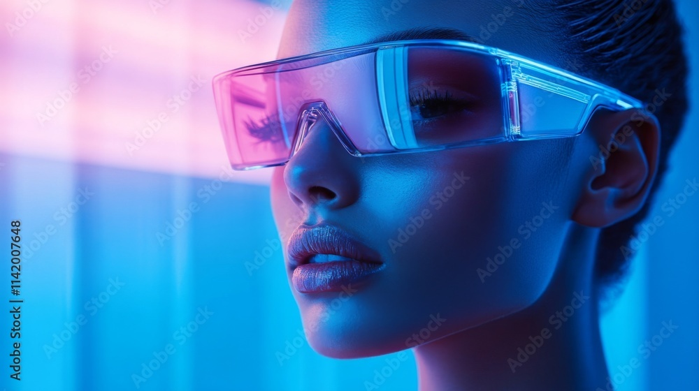 Stylish woman in transparent futuristic glasses under blue neon light Stylish woman in transparent futuristic glasses under blue neon light