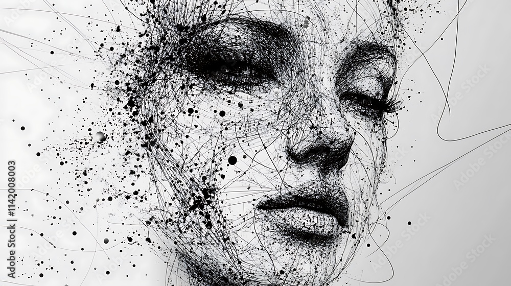 Fototapeta premium Abstract Line Art Portrait of a Woman: Monochrome Digital Illustration. AI Generated