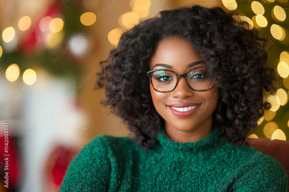 Smiling young African American woman in a bright green sweater celebrating the holiday season outdoors with a Christmas tree in the background Smiling young African American woman in a bright green sweater celebrating the holiday season outdoors with a Christmas tree in the background