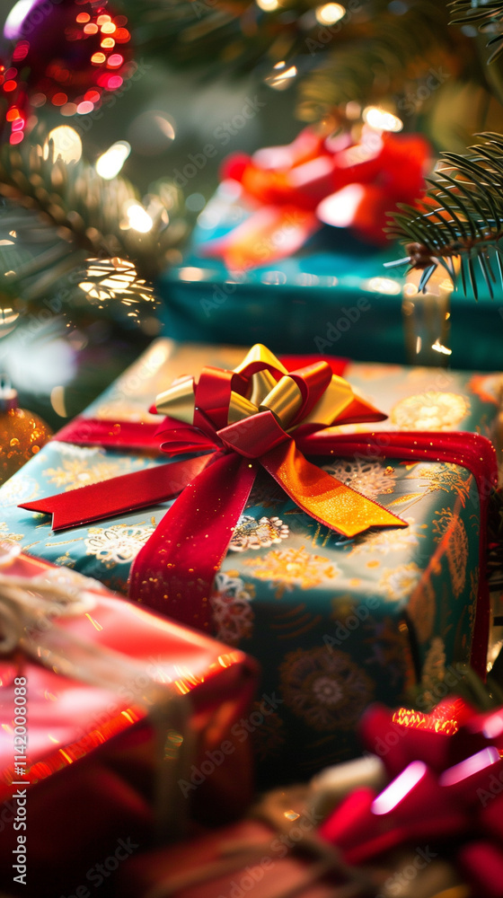 colorful christmas presents wrapped with ribbons and bows, placed under a decorated Christmas tree. colorful christmas presents wrapped with ribbons and bows, placed under a decorated Christmas tree.