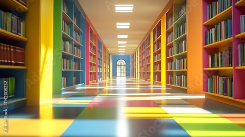 Vibrant Rainbow Library Hallway: A 3D Render of a Colorful Book-Filled Corridor. AI Generated