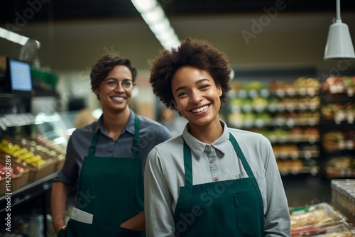 Portrait of two happy supermarket employees wearing green aprons, posing and smiling in grocery store