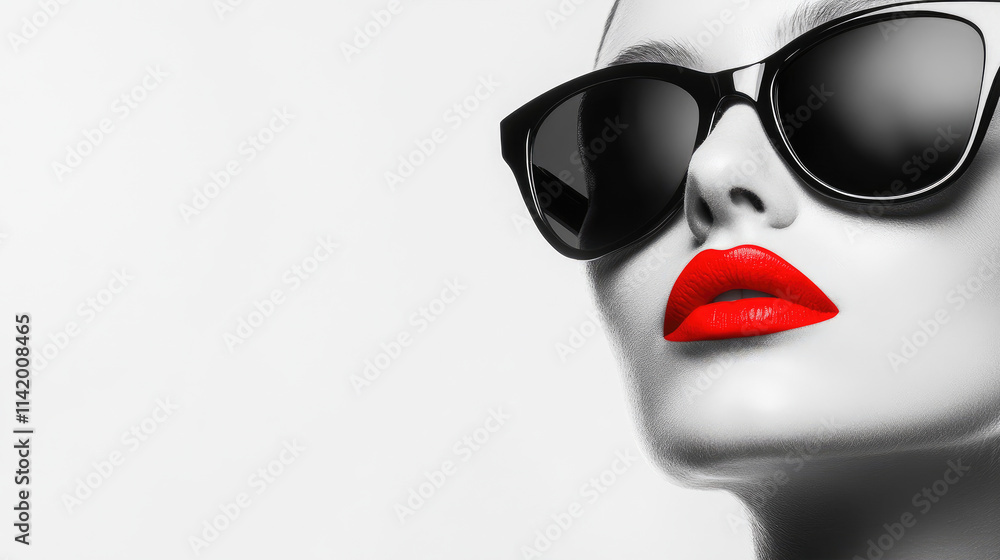Chic female portrait with sunglasses and vibrant red lipstick on a grayscale background. Chic female portrait with sunglasses and vibrant red lipstick on a grayscale background.