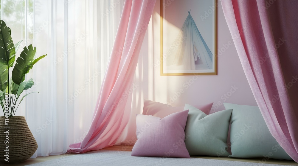 Soft pink and mint decor with cozy pillows, sheer curtains, and natural light creating a serene and inviting space. Soft pink and mint decor with cozy pillows, sheer curtains, and natural light creating a serene and inviting space.