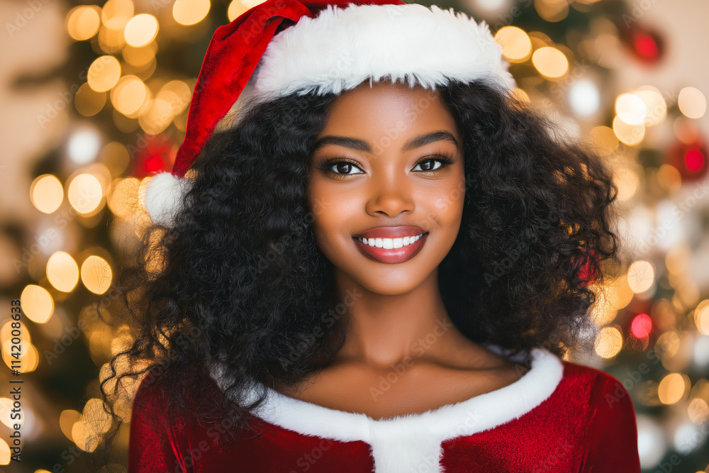 Cheerful young African American girl in a Santa hat poses in front of a colorful ornamented Christmas tree. Cheerful young African American girl in a Santa hat poses in front of a colorful ornamented Christmas tree.