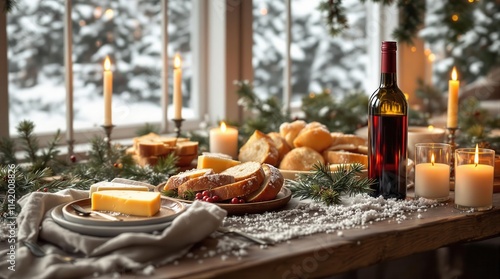 Romantic Christmas dinner setting with candles, wine, cheese, and bread. Perfect for holiday cards, invitations, and restaurant menus. Cozy and festive atmosphere