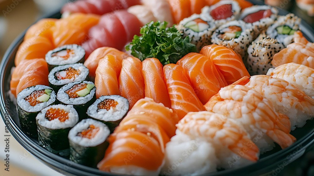 Sushi Platter with Salmon, Shrimp, and Rolls - Food Photography Sushi Platter with Salmon, Shrimp, and Rolls - Food Photography