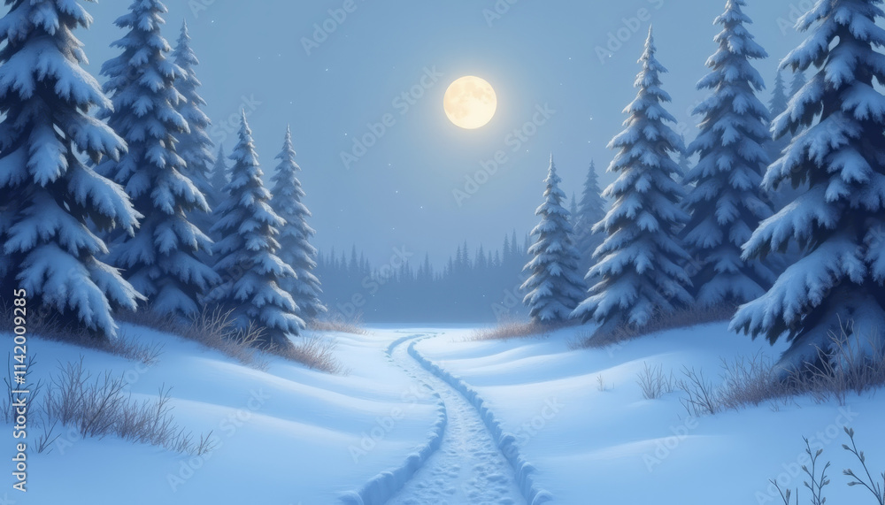 Quiet winter evening with a full moon illuminating a snowy path through the forest Quiet winter evening with a full moon illuminating a snowy path through the forest