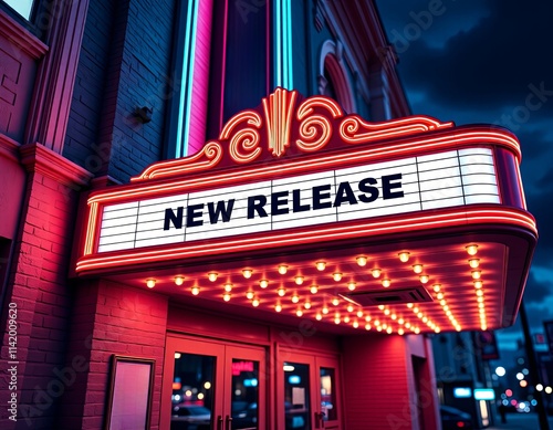 cinema marquee new release lights vibrant night vaporwave background