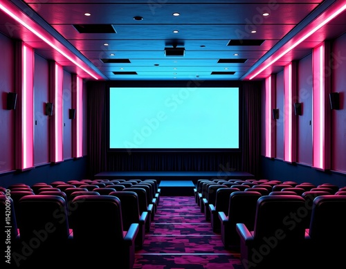 modern cinema interior vaporwave coming soon banner immersive movie theater seating digital art with copy space
