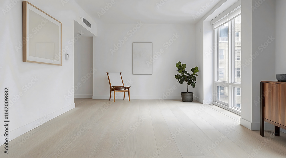 Fototapeta premium Bright and airy Scandinavian living area features pure white walls and light oak flooring, showcasing a single statement chair and large windows that enhance the spacious feel