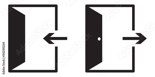 Exit entrance icon. Vector isolated black icon. Doorway entrance exit sign. Login and logout icons. Set of sign out, Sign in vector icon. Open and close door symbol. Black exit and enter arrow, vector