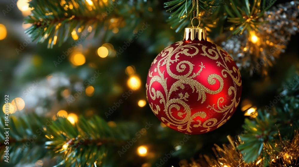 Red Christmas bauble hanging on a decorated Christmas tree with warm lights. Festive, holiday decor. Perfect for Christmas cards, websites, and social media Red Christmas bauble hanging on a decorated Christmas tree with warm lights. Festive, holiday decor. Perfect for Christmas cards, websites, and social media