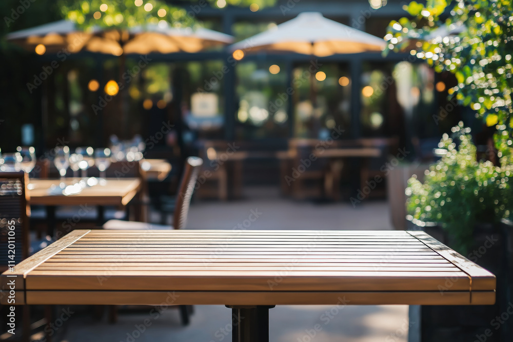 Close-Up of Wooden Outdoor Table in a Lively Restaurant Patio Setting with Umbrellas, Glassware, and Greenery Under Warm Evening Light. Close-Up of Wooden Outdoor Table in a Lively Restaurant Patio Setting with Umbrellas, Glassware, and Greenery Under Warm Evening Light.